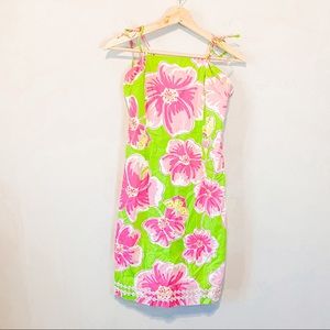 Lilly Pulitzer Vintage Green and Pink Hibiscus Tie Strap Dress Size 4 girls